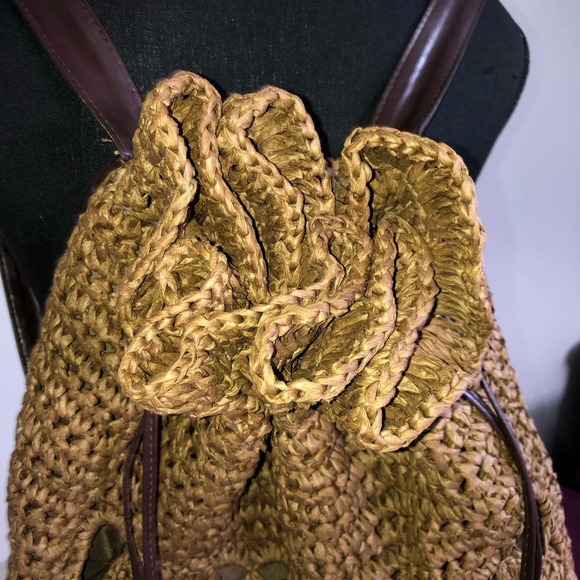 Backpack Purse Brown Woven Raffia Beach Bag Drawstring Pockets 17x13” - Picture 3 of 7